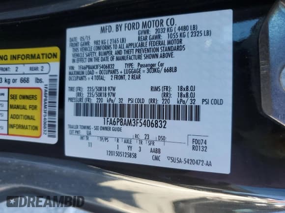 ✅ 2015 Ford Mustang V6 • VIN: 1FA6P8AM3F5406832 • Lot: 87097095. Listed on Copart with 160,434 mi. Free auction sales archive from the USA and detailed vehicle history report at DreamBid. Image 12.