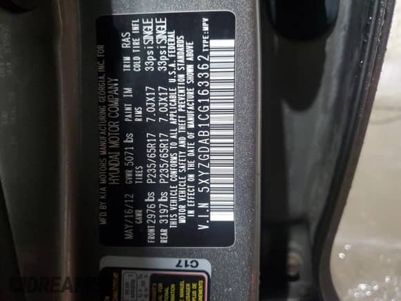 2012 Hyundai Santa Fe GLS с VIN 5XYZGDAB1CG163362, выставлен на аукционе Copart как лот 72895144 с пробегом 95 289 миль миль и Списание • Salvage title. История ставок и продаж доступна на DreamBid. Изображение 13.