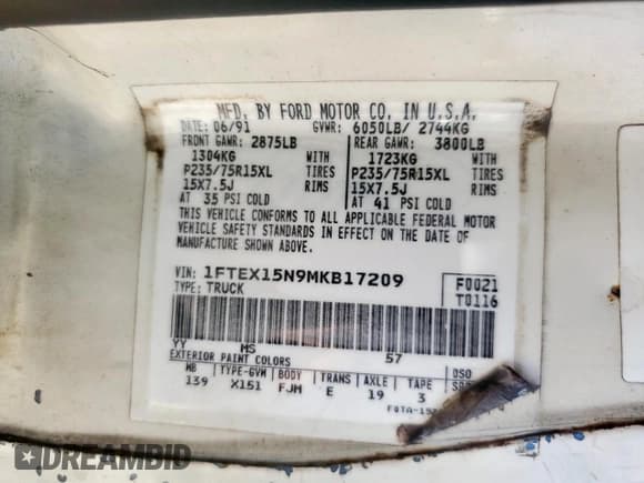✅ 1991 Ford F-150 • VIN: 1FTEX15N9MKB17209 • Лот: 65548575. Опубликован ранее на Copart с пробегом 48 467 миль. Бесплатный доступ к архиву аукционных продаж из США и подробный отчёт об истории автомобиля на DreamBid. Изображение 12.