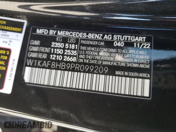✅ 2023 Mercedes-Benz C 43 AMG • VIN: W1KAF8HB9PR099209 • Lot: 79760674. Listed on Copart with Not provided. Free auction sales archive from the USA and detailed vehicle history report at DreamBid. Image 14.