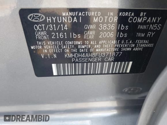 ✅ 2015 Hyundai Elantra Sport • VIN: KMHDH4AH8FU371877 • Lot: 43105376. Listed on IAAI with 176,182 mi. Free auction sales archive from the USA and detailed vehicle history report at DreamBid. Image 9.