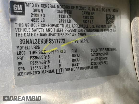 ✅ 2015 Chevrolet Captiva Sport LT • VIN: 3GNAL3EK8FS517773 • Лот: 70462734. Размещён на Copart с пробегом 117 476 миль миль. Получите бесплатный доступ к архиву аукционных продаж из США и посмотрите подробный отчёт об истории автомобиля на DreamBid. Изображение 12.