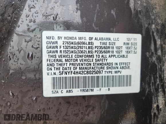 ✅ 2012 Honda Pilot EX • VIN: 5FNYF4H42CB025097 • Lot: 86492855. Listed on Copart with Not provided. Free auction sales archive from the USA and detailed vehicle history report at DreamBid. Image 14.