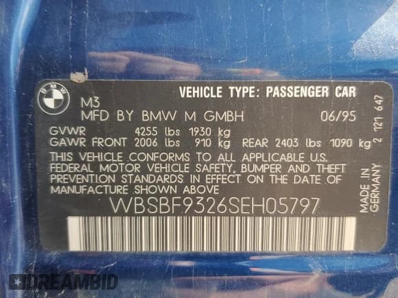 ✅ 1995 BMW 3 Series M3 • VIN: WBSBF9326SEH05797 • Lot: 70279985. Listed on Copart with 195,692 mi. Free auction sales archive from the USA and detailed vehicle history report at DreamBid. Image 12.