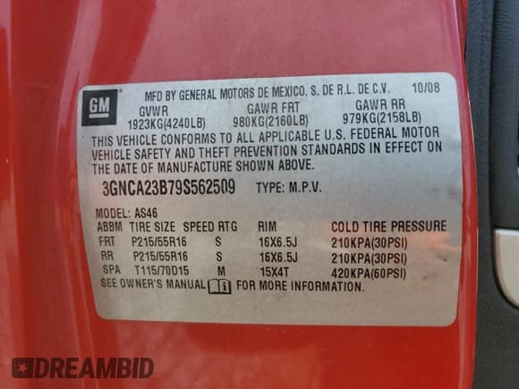 ✅ 2009 Chevrolet HHR 1LT • VIN: 3GNCA23B79S562509 • Lot: 63636714. Listed on Copart with Not provided. Free auction sales archive from the USA and detailed vehicle history report at DreamBid. Image 13.