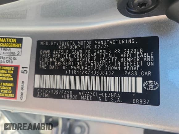 ✅ 2024 Toyota Camry LE • VIN: 4T1R11AK7RU898432 • Lot: 91261705. Wystawiony na Copart z przebiegiem 54 388 mil. Bezpłatny archiwum sprzedaży aukcyjnych z USA i szczegółowy raport historii pojazdu na DreamBid. Zdjęcie 12.