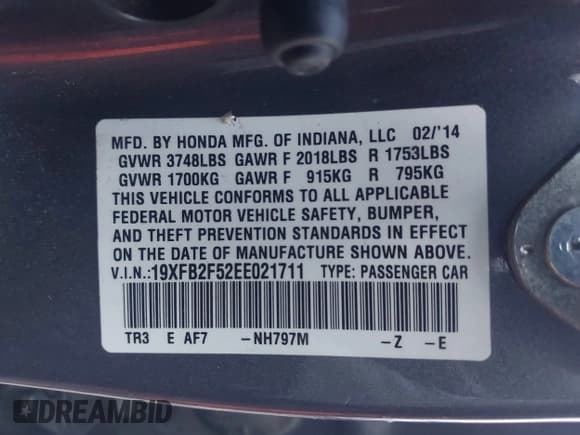 ✅ 2014 Honda Civic LX • VIN: 19XFB2F52EE021711 • Лот: 43786300. Опубликован ранее на IAAI с пробегом 183 934 миль. Бесплатный доступ к архиву аукционных продаж из США и подробный отчёт об истории автомобиля на DreamBid. Изображение 9.