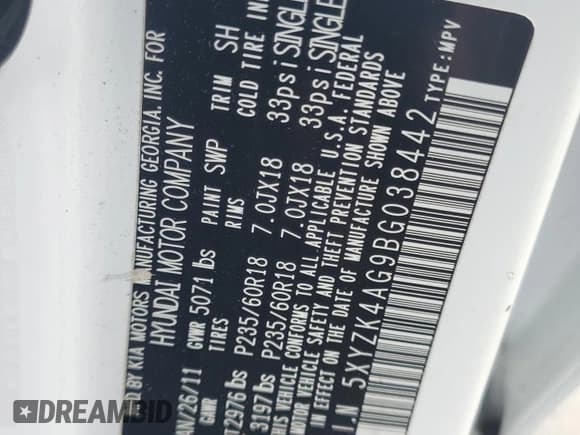 ✅ 2011 Hyundai Santa Fe Limited • VIN: 5XYZK4AG9BG038442 • Lot: 67891644. Listed on Copart with 136,799 mi. Free auction sales archive from the USA and detailed vehicle history report at DreamBid. Image 13.