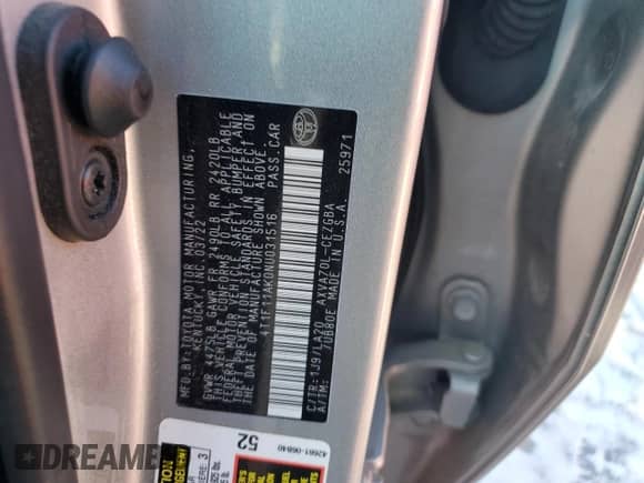 2022 Toyota Camry XLE with VIN 4T1F11AK0NU031516, listed as a Copart auction lot 88555025 with 51,712 mi miles and Salvage title. Bid and sale history available at DreamBid. Image 12.