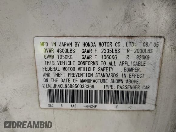 ✅ 2005 Acura TSX • VIN: JH4CL96885C033368 • Lot: 42316386. Listed on IAAI with 338,591 mi. Free auction sales archive from the USA and detailed vehicle history report at DreamBid. Image 9.