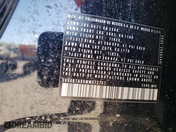 ✅ 2021 Volkswagen Tiguan S • VIN: 3VV0B7AX9MM072737 • Лот: 68480375. Опубликован ранее на Copart с пробегом 38 696 миль. Бесплатный доступ к архиву аукционных продаж из США и подробный отчёт об истории автомобиля на DreamBid. Изображение 12.