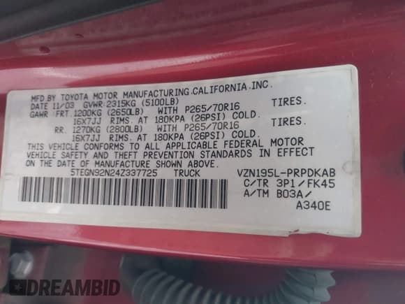 ✅ 2004 Toyota Tacoma PreRunner • VIN: 5TEGN92N24Z337725 • Lot: 43751181. Wystawiony na IAAI z przebiegiem 169 693 mil. Bezpłatny archiwum sprzedaży aukcyjnych z USA i szczegółowy raport historii pojazdu na DreamBid. Zdjęcie 9.