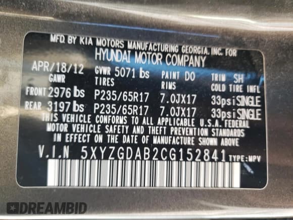 ✅ 2012 Hyundai Santa Fe GLS • VIN: 5XYZGDAB2CG152841 • Lot: 69445724. Listed on Copart with 131,617 mi. Free auction sales archive from the USA and detailed vehicle history report at DreamBid. Image 13.