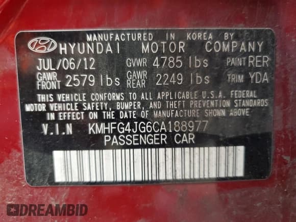 ✅ 2012 Hyundai Azera • VIN: KMHFG4JG6CA188977 • Lot: 85283895. Listed on Copart with 134,014 mi. Free auction sales archive from the USA and detailed vehicle history report at DreamBid. Image 13.
