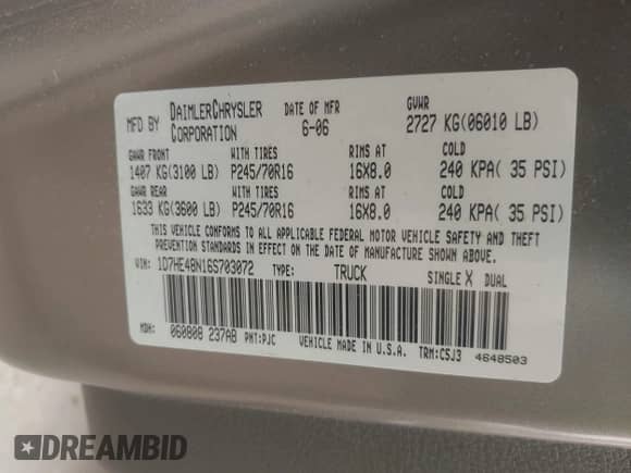 2006 Dodge Dakota SLT with VIN 1D7HE48N16S703072, listed as a IAAI auction lot 42156709 with 102,919 mi miles and . Bid and sale history available at DreamBid. Image 9.