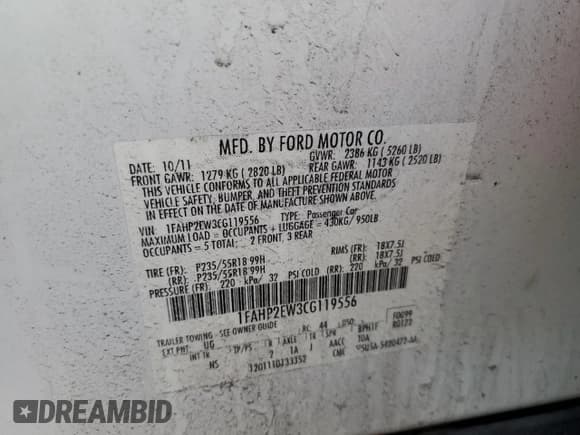 ✅ 2012 Ford Taurus SEL • VIN: 1FAHP2EW3CG119556 • Lot: 82570945. Wystawiony na Copart z przebiegiem 192 236 mil. Bezpłatny archiwum sprzedaży aukcyjnych z USA i szczegółowy raport historii pojazdu na DreamBid. Zdjęcie 12.