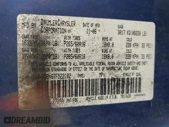 ✅ 2007 Dodge Durango Limited • VIN: 1D8HB58N67F522182 • Лот: 42574205. Опубликован ранее на Copart с пробегом 206 248 миль. Бесплатный доступ к архиву аукционных продаж из США и подробный отчёт об истории автомобиля на DreamBid. Изображение 15.