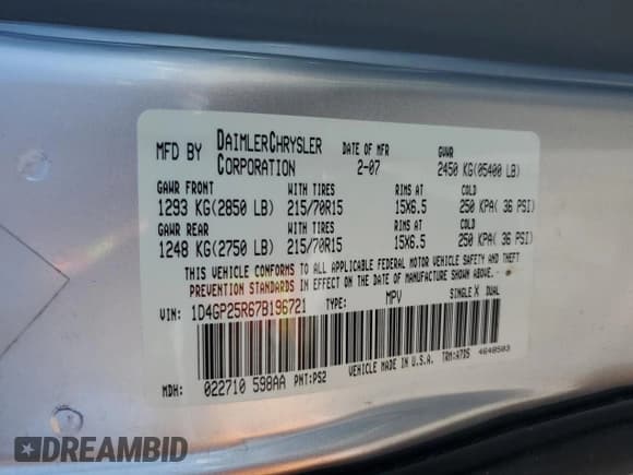 ✅ 2007 Dodge Caravan SE • VIN: 1D4GP25R67B196721 • Lot: 82289685. Wystawiony na Copart z przebiegiem 159 884 mil. Bezpłatny archiwum sprzedaży aukcyjnych z USA i szczegółowy raport historii pojazdu na DreamBid. Zdjęcie 13.