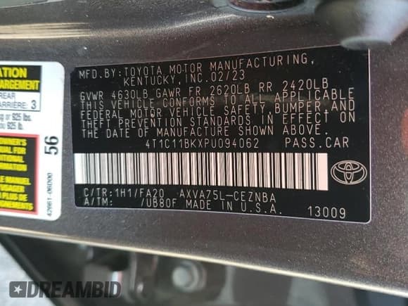 ✅ 2023 Toyota Camry LE • VIN: 4T1C11BKXPU094062 • Lot: 80136045. Wystawiony na Copart z przebiegiem 82 220 mil. Bezpłatny archiwum sprzedaży aukcyjnych z USA i szczegółowy raport historii pojazdu na DreamBid. Zdjęcie 13.