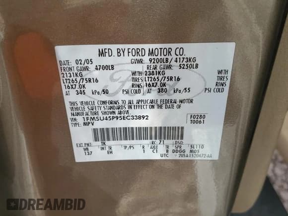 ✅ 2005 Ford Excursion Eddie Bauer • VIN: 1FMSU45P95EC33892 • Lot: 88871715. Wystawiony na Copart z przebiegiem Nie podano. Bezpłatny archiwum sprzedaży aukcyjnych z USA i szczegółowy raport historii pojazdu na DreamBid. Zdjęcie 14.