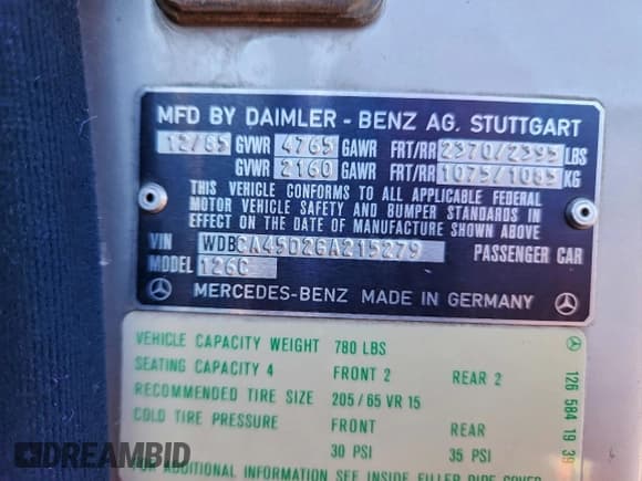 ✅ 1986 Mercedes-Benz 560 560SEC • VIN: WDBCA45D2GA215279 • Lot: 96002755. Listed on Copart with 164,933 mi. Free auction sales archive from the USA and detailed vehicle history report at DreamBid. Image 12.