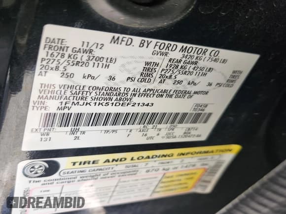 ✅ 2013 Ford Expedition Max Limited • VIN: 1FMJK1K51DEF21343 • Lot: 41562227. Listed on IAAI with Not provided. Free auction sales archive from the USA and detailed vehicle history report at DreamBid. Image 9.