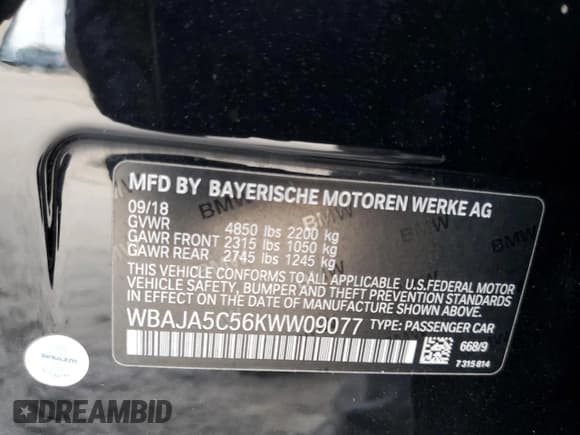 ✅ 2019 BMW 5 Series 530i • VIN: WBAJA5C56KWW09077 • Lot: 93391845. Listed on Copart with 43,830 mi. Free auction sales archive from the USA and detailed vehicle history report at DreamBid. Image 13.