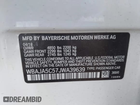 ✅ 2018 BMW 5 Series 530i • VIN: WBAJA5C57JWA39639 • Lot: 42598436. Listed on IAAI with Not provided. Free auction sales archive from the USA and detailed vehicle history report at DreamBid. Image 9.