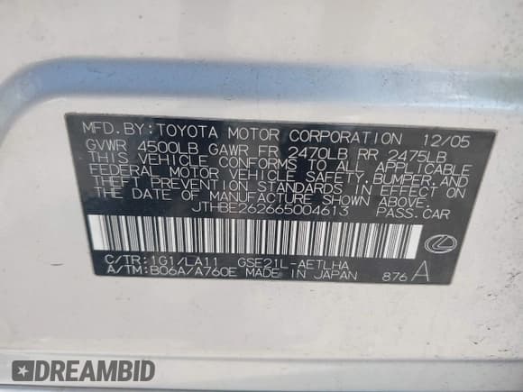 ✅ 2006 Lexus IS 350 • VIN: JTHBE262665004613 • Лот: 43277461. Опубликован ранее на IAAI с пробегом 246 648 миль. Бесплатный доступ к архиву аукционных продаж из США и подробный отчёт об истории автомобиля на DreamBid. Изображение 9.