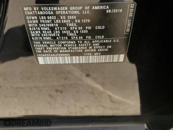 ✅ 2018 Volkswagen Atlas S • VIN: 1V2AP2CA8JC595663 • Lot: 90609835. Listed on Copart with 92,565 mi. Free auction sales archive from the USA and detailed vehicle history report at DreamBid. Image 12.