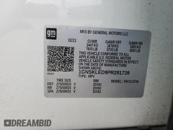 ✅ 2023 Chevrolet Tahoe Commercial • VIN: 1GNSKLED9PR291739 • Lot: 47410105. Listed on Copart with Not provided. Free auction sales archive from the USA and detailed vehicle history report at DreamBid. Image 12.