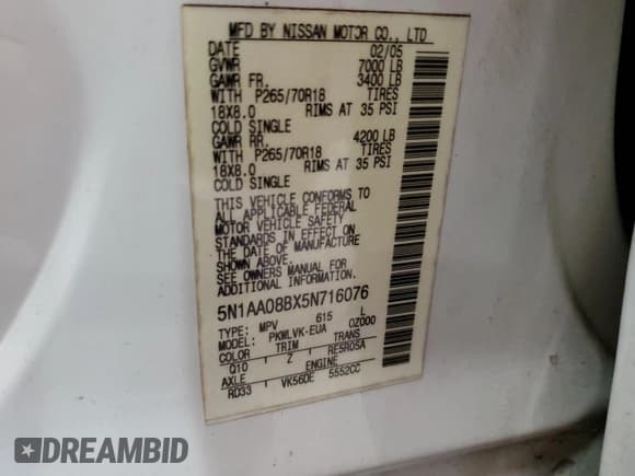 ✅ 2005 Nissan Armada LE • VIN: 5N1AA08BX5N716076 • Lot: 46028225. Listed on Copart with 263,176 mi. Free auction sales archive from the USA and detailed vehicle history report at DreamBid. Image 13.