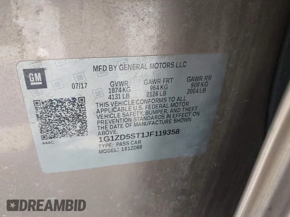 ✅ 2018 Chevrolet Malibu LT • VIN: 1G1ZD5ST1JF119358 • Lot: 42896891. Listed on IAAI with 118,570 mi. Free auction sales archive from the USA and detailed vehicle history report at DreamBid. Image 9.