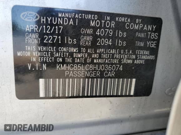 2017 Hyundai Ioniq Limited с VIN KMHC85LC8HU036074, выставлен на аукционе Copart как лот 74154634 с пробегом 37 269 миль миль и Списание • Salvage title. История ставок и продаж доступна на DreamBid. Изображение 12.
