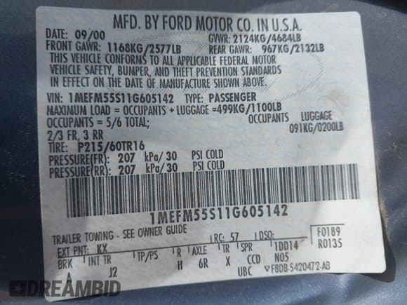 ✅ 2001 Mercury Sable LS Premium • VIN: 1MEFM55S11G605142 • Лот: 43692034. Опубликован ранее на IAAI с пробегом 200 979 миль. Бесплатный доступ к архиву аукционных продаж из США и подробный отчёт об истории автомобиля на DreamBid. Изображение 9.