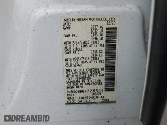 ✅ 2020 Nissan Frontier Pro-4X • VIN: 1N6ED0EB0LN728345 • Lot: 92237955. Listed on Copart with 54,813 mi. Free auction sales archive from the USA and detailed vehicle history report at DreamBid. Image 12.