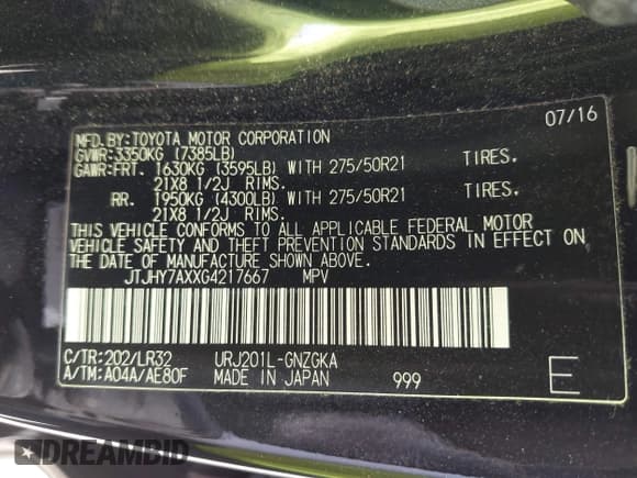 ✅ 2016 Lexus LX 570 • VIN: JTJHY7AXXG4217667 • Lot: 42633873. Listed on IAAI with 100,132 mi. Free auction sales archive from the USA and detailed vehicle history report at DreamBid. Image 9.