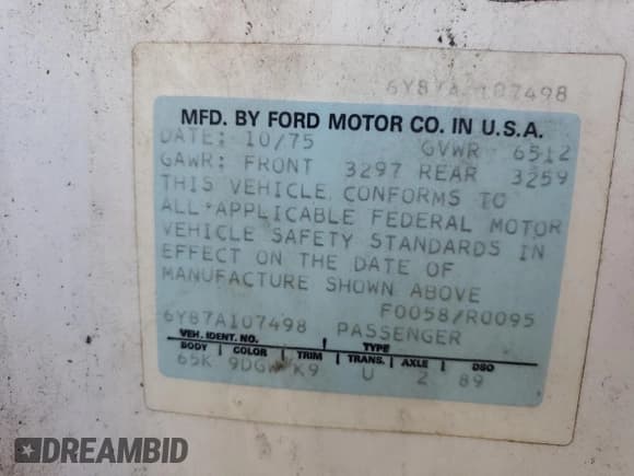 ✅ 1976 Ford Thunderbird • VIN: 6Y87A107498 • Lot: 89639525. Listed on Copart with Not provided. Free auction sales archive from the USA and detailed vehicle history report at DreamBid. Image 12.