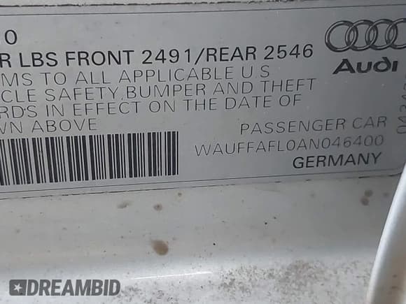 ✅ 2010 Audi A4 Premium Plus • VIN: WAUFFAFL0AN046400 • Lot: 42434637. Listed on IAAI with 100,835 mi. Free auction sales archive from the USA and detailed vehicle history report at DreamBid. Image 9.