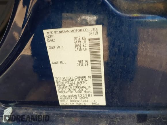 ✅ 2019 Nissan Altima S • VIN: 1N4BL4BW8KN322583 • Lot: 43449738. Listed on IAAI with 83,906 mi. Free auction sales archive from the USA and detailed vehicle history report at DreamBid. Image 9.