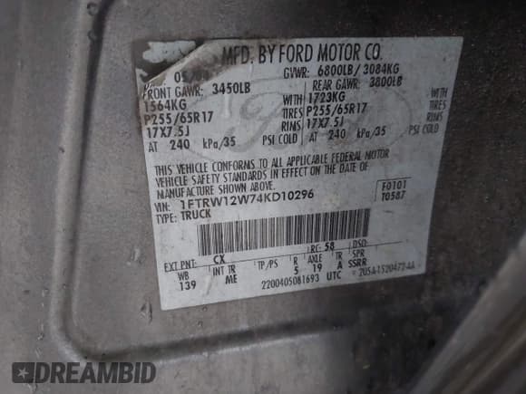 ✅ 2004 Ford F-150 XLT • VIN: 1FTRW12W74KD10296 • Lot: 42083746. Listed on IAAI with 170,500 mi. Free auction sales archive from the USA and detailed vehicle history report at DreamBid. Image 9.