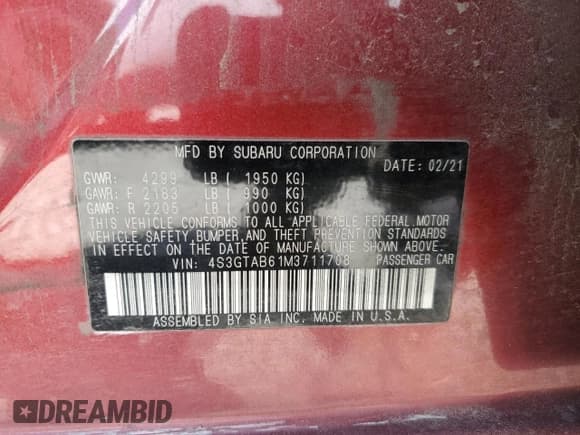 ✅ 2021 Subaru Impreza • VIN: 4S3GTAB61M3711708 • Лот: 66215865. Опубликован ранее на Copart с пробегом 32 546 миль. Бесплатный доступ к архиву аукционных продаж из США и подробный отчёт об истории автомобиля на DreamBid. Изображение 13.