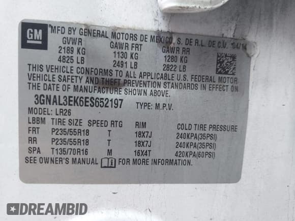 ✅ 2014 Chevrolet Captiva Sport LT • VIN: 3GNAL3EK6ES652197 • Lot: 42450352. Wystawiony na IAAI z przebiegiem 110 723 mil. Bezpłatny archiwum sprzedaży aukcyjnych z USA i szczegółowy raport historii pojazdu na DreamBid. Zdjęcie 9.