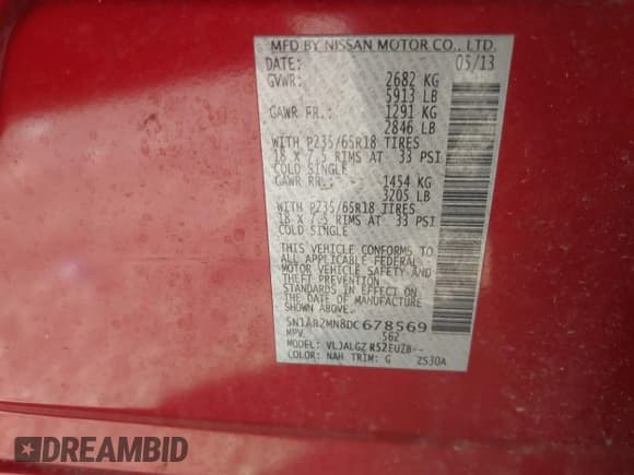 ✅ 2013 Nissan Pathfinder S • VIN: 5N1AR2MN8DC678569 • Лот: 43605960. Опубликован ранее на IAAI с пробегом 129 194 миль. Бесплатный доступ к архиву аукционных продаж из США и подробный отчёт об истории автомобиля на DreamBid. Изображение 9.