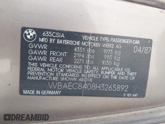 ✅ 1987 BMW 6 Series 635CSi • VIN: WBAEC8408H3265892 • Lot: 42636094. Wystawiony na IAAI z przebiegiem 152 446 mil. Bezpłatny archiwum sprzedaży aukcyjnych z USA i szczegółowy raport historii pojazdu na DreamBid. Zdjęcie 9.