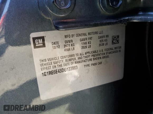 ✅ 2013 Chevrolet Volt • VIN: 1G1RE6E43DU122883 • Lot: 71646124. Wystawiony na Copart z przebiegiem 127 840 mil. Bezpłatny archiwum sprzedaży aukcyjnych z USA i szczegółowy raport historii pojazdu na DreamBid. Zdjęcie 12.