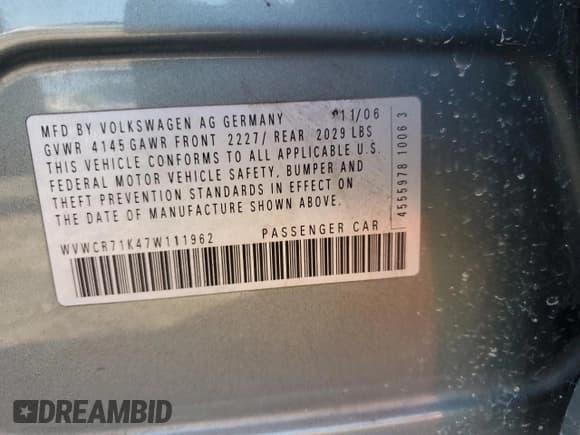 ✅ 2007 Volkswagen Rabbit • VIN: WVWCR71K47W111962 • Lot: 64475515. Listed on Copart with Not provided. Free auction sales archive from the USA and detailed vehicle history report at DreamBid. Image 12.