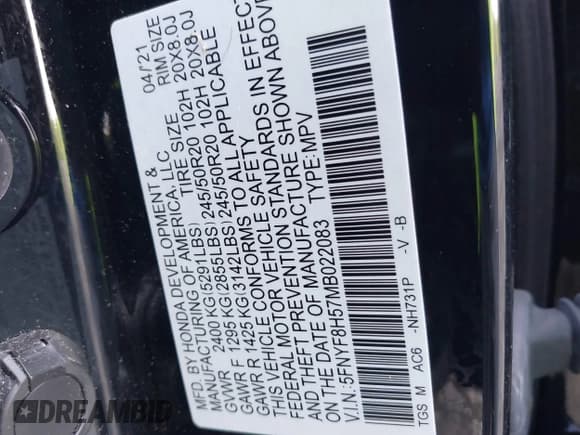 ✅ 2021 Honda Passport EX-L • VIN: 5FNYF8H57MB022083 • Lot: 42399294. Listed on IAAI with 61,014 mi. Free auction sales archive from the USA and detailed vehicle history report at DreamBid. Image 9.