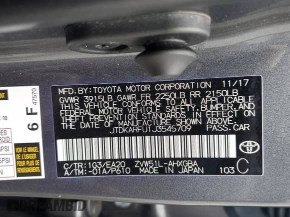 2018 Toyota Prius Two с VIN JTDKARFU1J3545709, выставлен на аукционе Copart как лот 83846265 с пробегом 92 070 миль миль и Списание • Salvage title. История ставок и продаж доступна на DreamBid. Изображение 13.