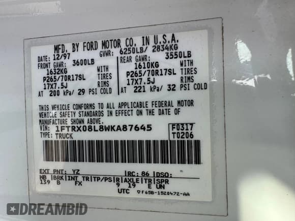 ✅ 1998 Ford F-150 XL • VIN: 1FTRX08L8WKA87645 • Lot: 80074924. Listed on Copart with 182,922 mi. Free auction sales archive from the USA and detailed vehicle history report at DreamBid. Image 10.